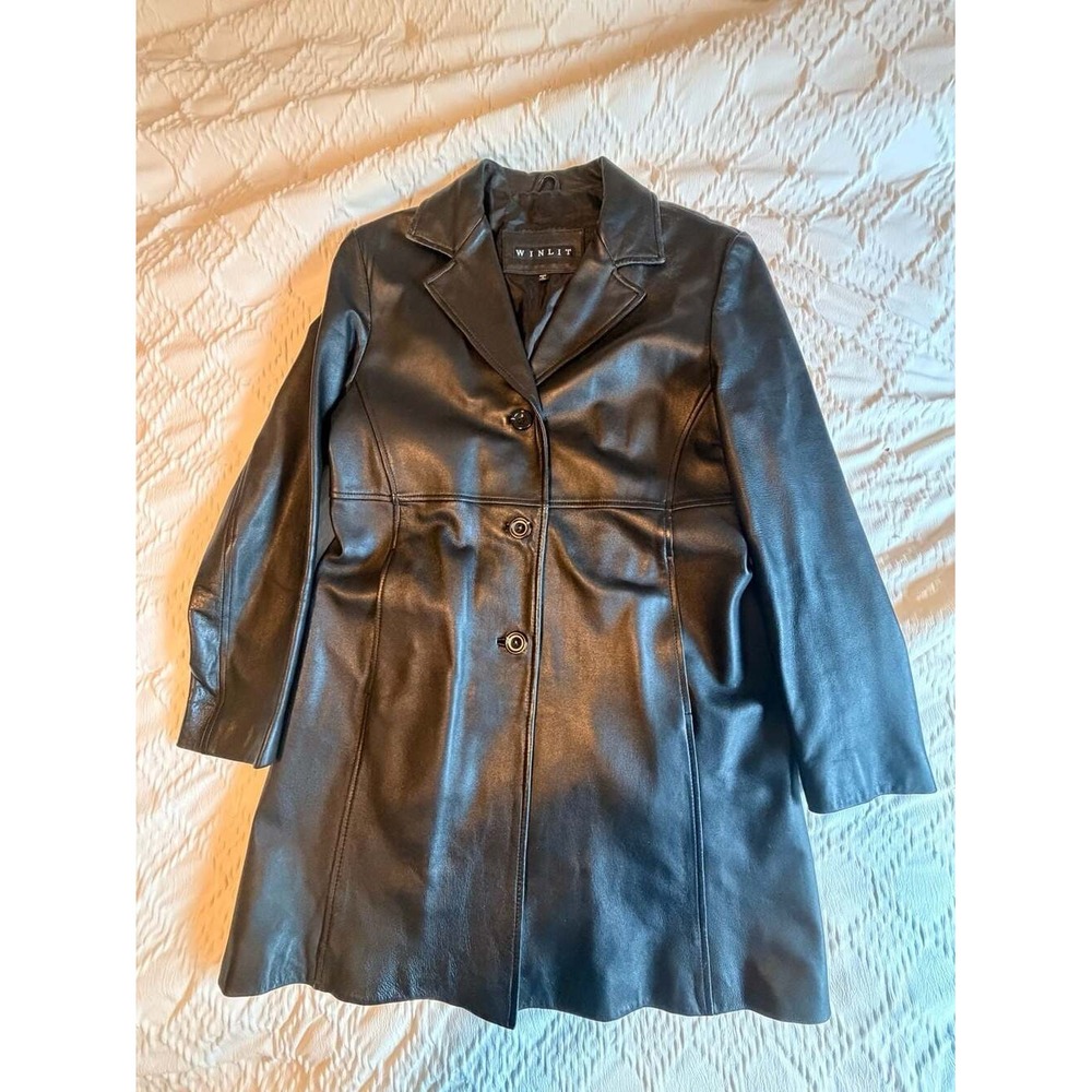 Winlit Womens Black Genuine Leather Trench Coat Jacket Mid Length Size M